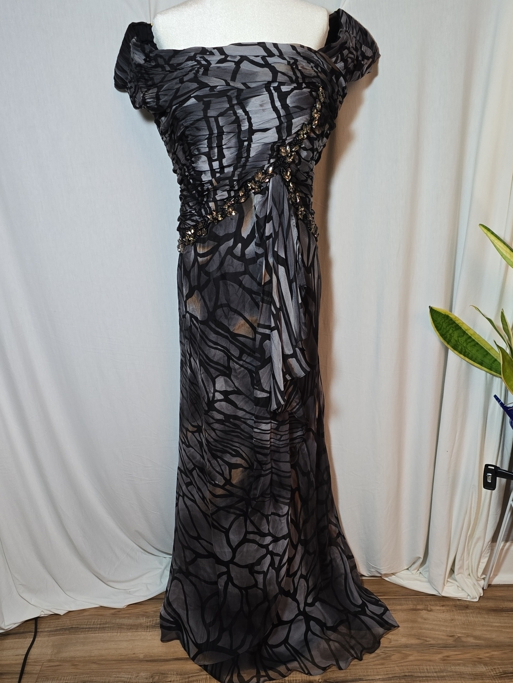 Caviar Off-Shoulder Black & Gray Evening Gown with Embellished Waist